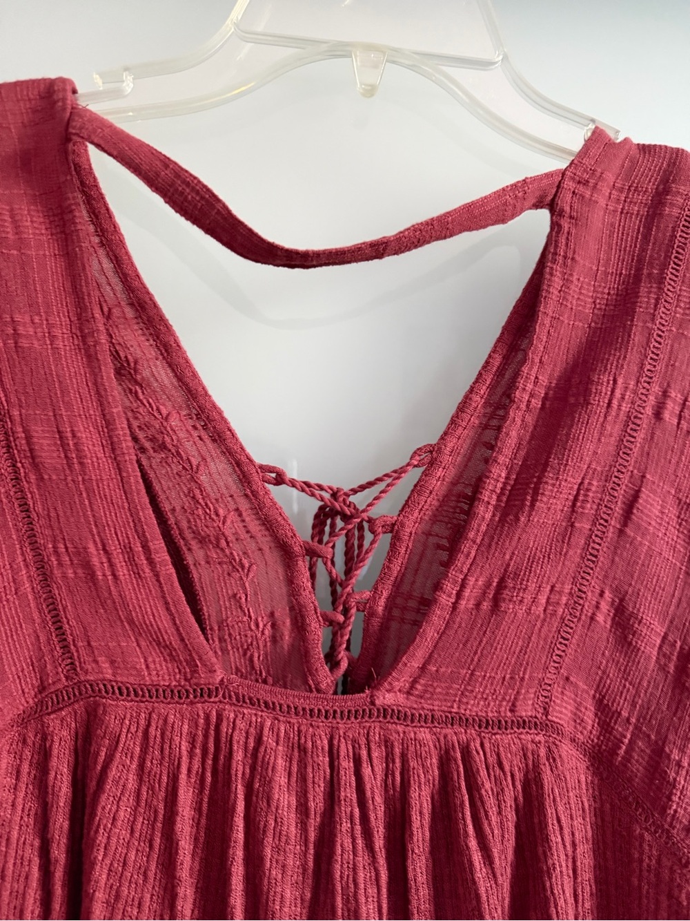 Lucky Brand M Red Boho Embroidered Lace Up Tassel Peasant Blouse - Picture 4 of 5
